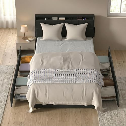 Suusolny Polsterbett Veloursstoff 140x200cm Bettgestell mit rollenden Schubladen & Gepolstertes Kopfteil Bettrahmen aus Metal Schubladenbett mit Stauraum Doppelbettgestell Doppelbett (Dunkelgrau)