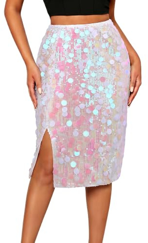 TRIWORKS Pink Sequin Skirt Women Glitter Sparkly Skirt with Side Slit XL
