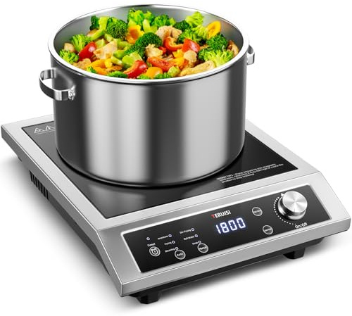 TERUISI 3500W Commercial Induction Hob, Heavy Duty Stainless Steel Electric Hot Plate Single Burner, 8 Power Levels & 4H Timer, Catering Induction Cooker for Restaurant Cafe Kitchen