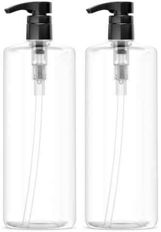 Bar5F Empty Shampoo Bottles with Pumps, 900ml/1Litre/Large, BPA Free, Lightweight (Medium Density PETE1 Plastic), Pack of 2, Clear Bottles