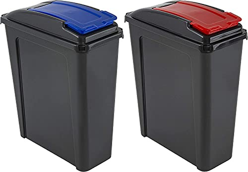 M1SS Set of 2-25L Litre Plastic Indoor Recycle Slimline Waste Bin with Lid for in the Home/Kitchen- Made in UK(Red,Blue)