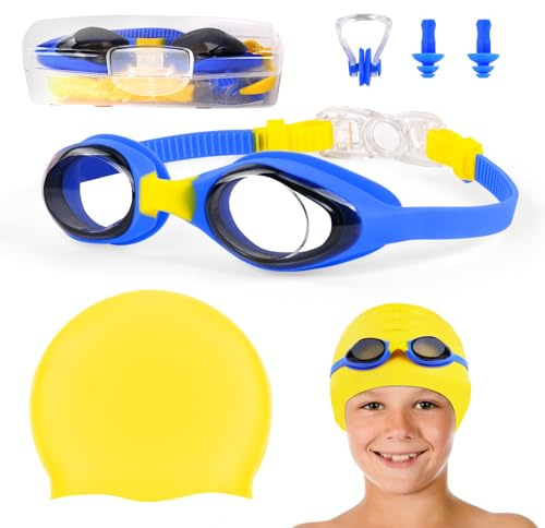 flintronic Gorro de Natación Silicona para Niños,Set de Gorro+Gafas de Natación Infantil con Protección Antivaho+UV,Gafas de Puente Nasal de Silicona Suave sin Fugas,Apto para Niñas/Niños 4-12 Años