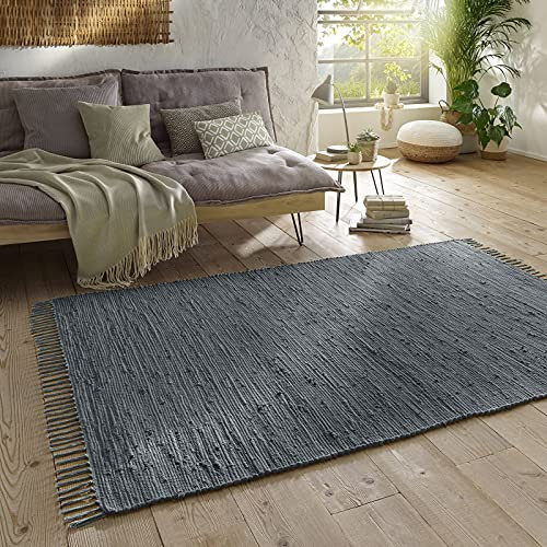 Taracarpet Handwebteppich Läufer Fleckerl Teppich Uni waschbar aus Baumwolle für Wohnzimmer und Küchenteppich 120x180 cm anthrazit