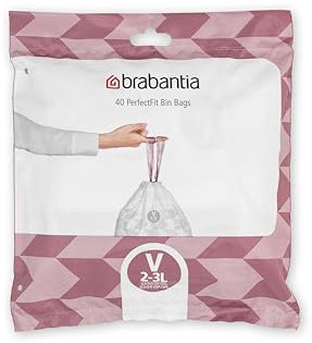 Brabantia Sacs Poubelle PerfectFit (Code V/2-3 Litres) Ultra Résistant, Poignées Coulissantes (40 Sacs) 100253 23,5 x 29 Blanc