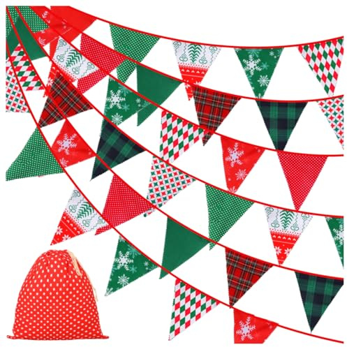 Tatuo 40 Feet Christmas Pennant Banner Flags Red Green White Bunting Flags | with Storage Bag, Triangle Flag Banner Garland Fabric for Birthday Christmas Party Decoration, 42 Pcs, indoor Outdoor Decor