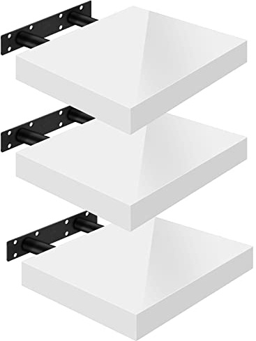 WOLTU Wandregal Schweberegal Hochglänzend Weiß,25x22,9x3,8cm 3er,MDF | Wandregal Set von 3 für Büro, Wohnzimmer, Schlafzimmer, Küche,mit Metallhalterung,unsichtbare Montage
