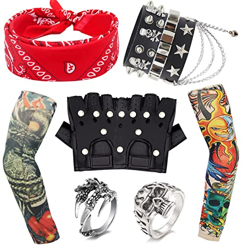9 Stück Verkleidungen Rock Zubehör, Kostümzubehör Punk mit Fake Tattoo Ärmel Bandana Schwarz PU Handschuhe Armband und Ringe für Frauen Männer Erwachsene Party der 70er 80er 90er Jahre