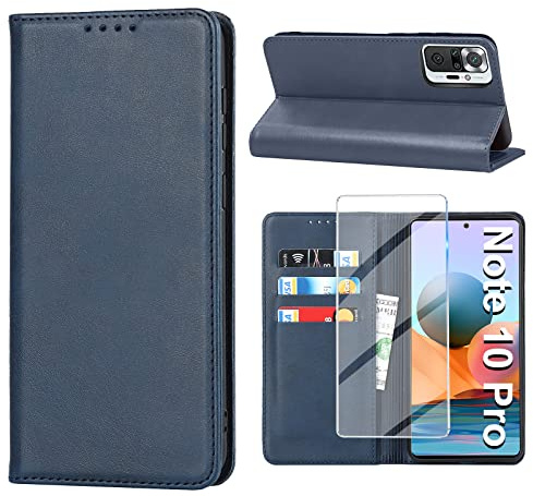 Vaki Handyhülle für Xiaomi Redmi Note 10 Pro Hülle mit Panzerglas Schutzfolie, Schutzhülle Note 10 Pro Max Leder Wallet Kartenfach Standfunktion Klapphülle Note 10 Pro Case Cover Klappbar (blau)
