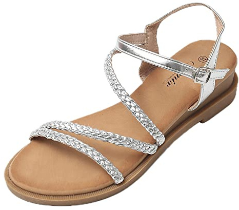 JOMIX Sandali Donna Estive Zeppa Eleganti Comodi Sandali Pelle Sintetivo con Tacco Largo SD8267-11 (Argento, 41)