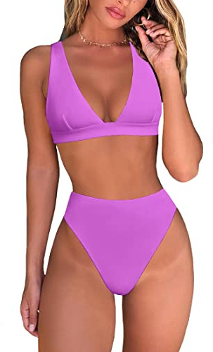 Fatty Tiger Womens High Waisted Thong Bikini Sets Sexy Brazilian Triangle Top Deep V Neck Two Piece Swimsuit Bathing Suits, Purple, Medium
