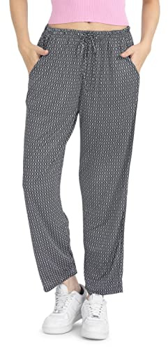 Kendindza Damen Sommerhose Damen leicht und luftig Sommer Hose Lang Leicht Freizeithose Blumen aus Baumwolle 04-H23 Schwarz XXXL