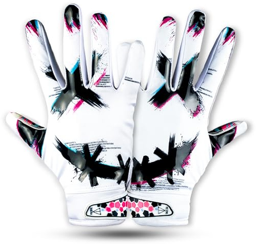 TAQCHA Jester Cross Eyes Football Gloves - Elite Trendy Wide Receiver Gloves – Extra Sticky Grip for Game Day, Training, High School and College - Adult and Youth Sizes (White, Adult - Medium)