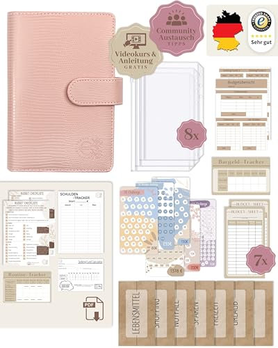 BeginnerBudget® Budget Planner Deutsch - Starterset mit Sparchallenge Budgetplaner - Sparen mit Umschlagmethode + Anleitung - Ringbuch A6 - Binder A6 Gecko-Style (Rosa)