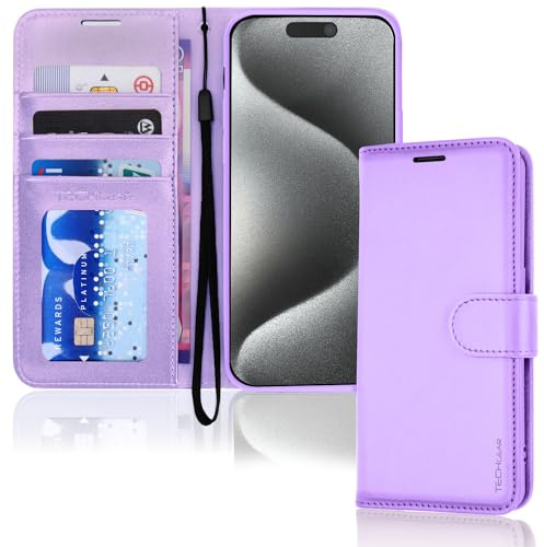 TECHGEAR iPhone 15 Pro Leather Wallet Case, Flip Protective Case Cover with Wallet Card Holder, Stand and Wrist Strap - Purple PU Leather with Magnetic Closure Designed for iPhone 15 Pro 6.1