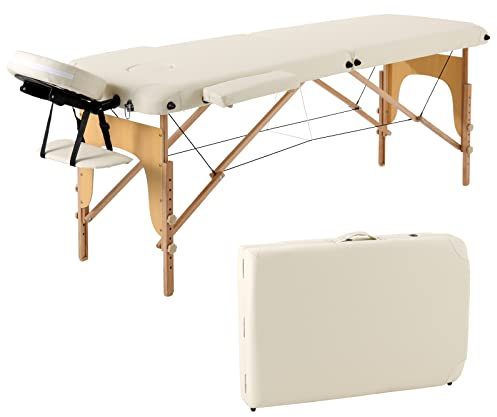Panana 2-Zonen Massageliege Tragbare Massagebank Höhenverstellbarer Massagetisch mit Kopfstütze und Abnehmbare Armlehnen aus Holz (Beige)