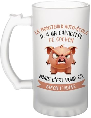 Planetee Chope Le moniteur d'auto-école Caractère de Cochon | Verre à bière Pinte Métier Collègue Cadeau Travail Boulot Départ Retraite