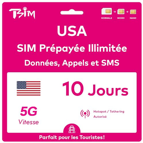 Scheda SIM USA valida per 10 giorni. Rete T-Mobile con dati illimitati ad alta velocità su 5G/4G/LTE | Chiamate e SMS locali illimitati negli Stati Uniti (inclusa Hawaii). Scheda SIM 5G!
