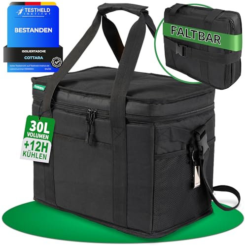 Cottara® Kühltasche faltbar groß 30 l wasserdicht +12h Kühlung – 8mm extra stark isolierte Kühltasche groß zum Einkauf Picknick – Einkaufstasche, Isoliertasche, Thermotasche, Picknicktasche
