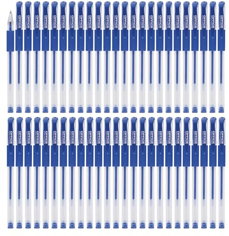 OFFICER PRODUCTS Lot de 50 stylos à bille gel - Couleur : bleu - Diamètre de la boule : 0,5 mm - Stylo gel - Encre résistante à l'eau et ne se décolore pas - Poignée en caoutchouc