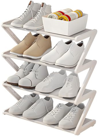 FZQBEY Schuhregal mit 4 Ebenen, Schmal, Platzsparend - Stapelbarer Schuhablage für den Flur, Kein Werkzeug Erforderlich (Weiß, Klein)