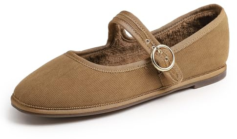 Feversole Women's Mary Jane Fashion，Scarpe Basse Classiche da Donna Décolleté Eleganti Fibbia Morbida Balletto per Donna Mary Jane in Velluto a Coste Foderato in Pelliccia Cammello 39
