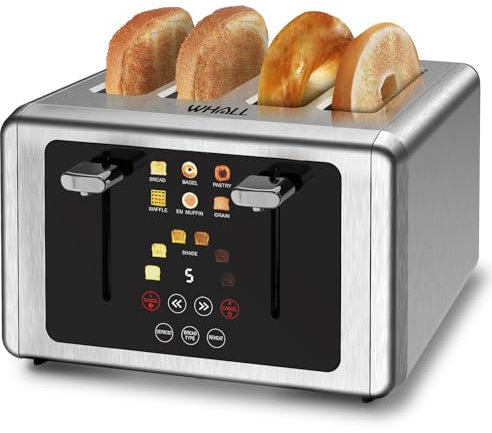 whall 4 Slice Touch Screen Toaster, Stainless Steel Toasters Digital Timer, Dual Control Panel Toasters，6 Shade Settings＆6 Bread Types, Smart Wide Slots, Bagel, Cancel, Defrost, Flat lever Silver