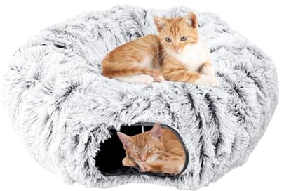 CEWROM Plüsch Katzentunnel, Katzenbett für Indoor Katzen, Katzentunnel XXL Große Katzen mit Schlafplatz, Rascheltunnel für Katzen, Katzen Tunnel XXL Ultra weiche Runde Donut Form,Katzenspielzeug Grau