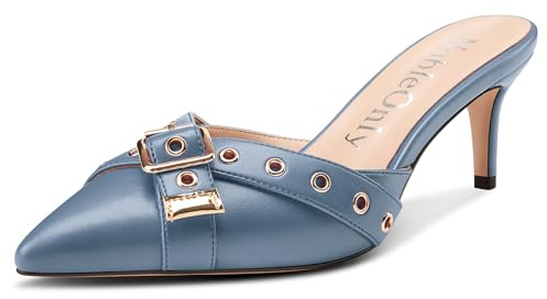 NobleOnly Femmes Mi Kitten Talon Heel Fermé Pointu Bout Mules Chaussures Party Dress Slip-on Escarpins 6.5 CM Heels