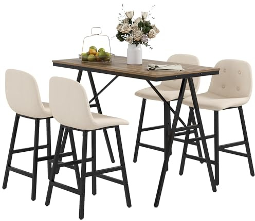 HOMCOM Table de Bar avec Tabouret de Bar, Ensemble de 5 pièces pour Manger, Table de Cuisine, Table de bistrot avec 4 chaises, Ensemble de Tables de Bar pour Cuisine, Salon, Acier, Beige, 120 x 60 x