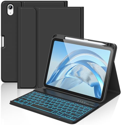 aMZCaSE for iPad A16 11th 10th Generation Case with Keyboard - 7 Colors Backlight Detachable Folio Keyboard Case for iPad (A16) 11th Gen 2025 & 10th Gen 10.9 inch 2022, Smart On/Off, Pen Holder, Black