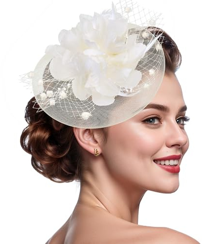 Haakong 20s 50s Fascinators Hat for Women Tea Party Flower Headpiece Mesh Feathers Hair Clip for Bridal Wedding (Ivory)