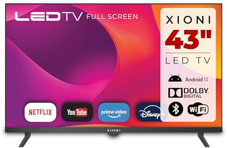 SG ELECTRONICS Xioni, Smart TV 43 Pollici, Display FHD 1920x1080, Android 14, Netflix, Prime Video, YouTube, Dolby Audio, HDMI, Bluetooth, Wi-Fi, DVT-2 DVB-S2, Telecomando