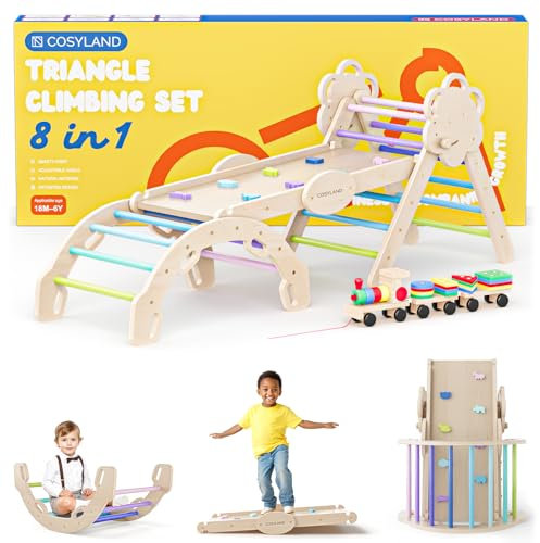 COSYLAND Klettergerüst Indoor L - Montessori Indoor Spielset mit Kletterbogen & Rutsche -8-in-1 Massivholz-Spielplatz - Kletterbogen ab 1 Jahr - Kühle Farbtöne