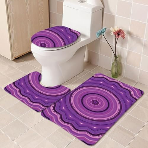 Bad Teppiche Set Kreis Lila Badezimmerteppich Waschbar WC Vorleger mit Ausschnitt und WC Deckelbezug 3 Teilig Badematte rutschfest Toilettensitzbezug Badgarnitur 50x80 cm