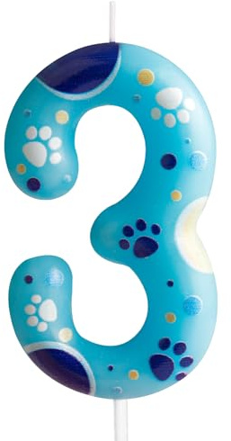 Blaue Geburtstagskerzen Zahlen 3 mit Pfotenabdruck, Blaue Zahl 3 Kerze für Kuchen,Kuchendekoration für Jungen Mädchen 3rd Geburtstag,Pet Party Deko Zubehör