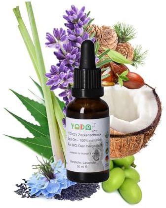 YODO’s Zeckenschreck, Protección contra garrapatas 100% Natural, Aceite antigarrapatas para Perros y Gatos a Base de 7 aceites orgánicos, 750 Gotas 30ml Botella pipeta, Lavanda