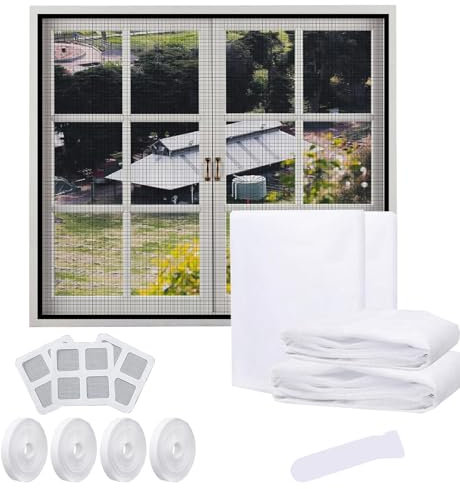 Moustiquaire Fenêtre Auto-Adhésive 4 Pièces avec Kit de Réparation - Écran Insecte Renforcé Anti-Moustiques & Mouches - Découpable Sans Perçage (130x150cm) (Blanc)