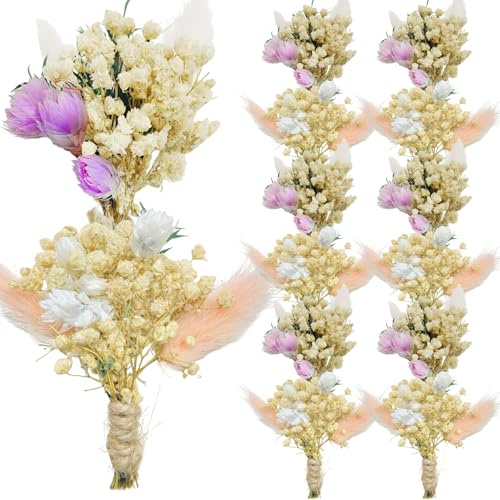 12 fasci di mini bouquet di fiori secchi, piccoli fiori secchi per fai da te, decorazione per matrimoni, bouquet da tavolo (bianco e rosa)