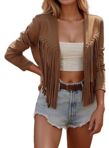 Jeansjacke Damen Kurz Jacke Denim 60er 70er Wildleder Vorne Offen Cardigan Lange Ärmel Umlegekragen Oversize Mit Quaste Outwear Disco Outfit Fransenweste Karneval Cowboy Faschingskostüme Xxxl M S