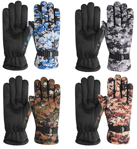 stablerice 4 Pairs Winter Gloves for Kids Waterproof Snow Ski Gloves Kids Cycling Gloves Non-Slip Full Finger Gloves for Child Warm Unisex Camouflage Clothes for Cold Weather Girls Boys (Camo Style)