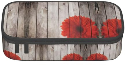 Liulannq Planche en bois rétro fleur rouge dahlia grande capacité compartiment papeterie sac à crayons