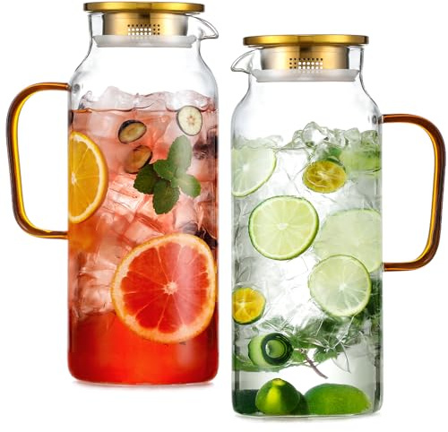 2 Pack 2 Liter/68 oz Glass Pitcher with Lid, Water Pitchers with Handle for Fridge, Large Jug for Iced Tea, Coffee, Borosilicate Glass Carafe for Hot/Cold Brew Drink and Homemade Beverage, Gold