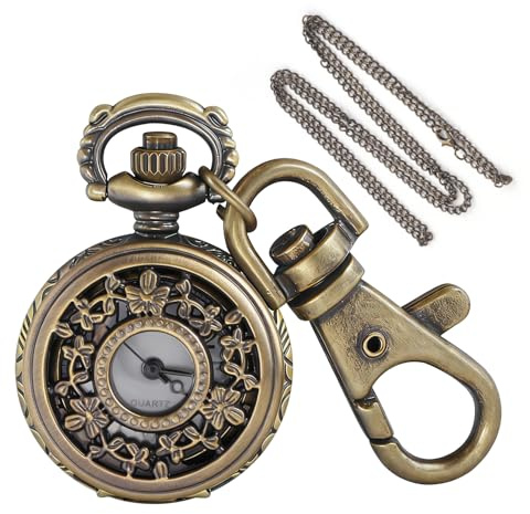 Tiong Garland-Hollowed Retro Men's Quartz Pocket Watch Keychain, Portable Round Watch with Chain and Arabic Numerals