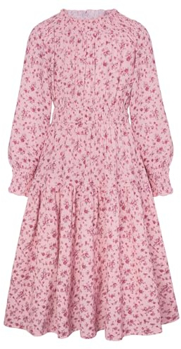 Grace Karin Blomklänning för flickor med fickor, långärmad höstmaxiklänning, elegant festlig klänning, barn, A-linje prinsessklänning, ROSA, 5-6 år