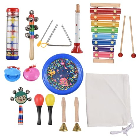 Lot de 14 instruments de percussion en bois interactifs musicaux interactifs œil-main développement anniversaire océan tambour 8 tons Xylophone Pluie Sound Tube de rangement