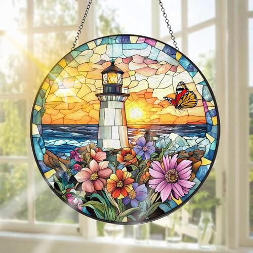 Pavemlo Leuchtturm Buntglas Sonnenfänger Fensterschmuck hängend Blumen – Handgefertigter Sonnenfänger als Dekoration für Garten, Fenster, Innen- und Außenbereich, Weihnachten Party, 20 x 20 cm