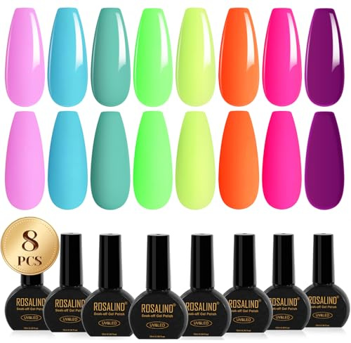 Rosealind UV-nagellack, 8 färger grön gul orange blå violett gel nagellack, blötläggning UV LED vår sommar färggel för gelnaglar manikyr gel nagelpolish 10 ml