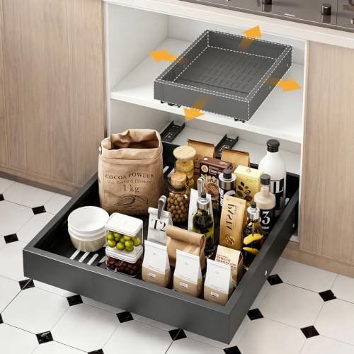 Yooheim Tiroir Télescopique de Cuisine à 4 Directions, Lot de 1, Gris | Tiroir Coulissant, Réglable Largeur 30-48cm & Profondeur 36-55,5cm, Métal, Montage Adhésif/Vis, Rangement sous l'Évier