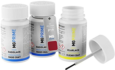 MG PRIME Autolack Lackstifte für Mitsubishi P19 Red Metallic + Klarlack | Amarena Rot Metallic, Set aus Grundlack + Basislack + Klarlack, Lackfläschchen mit Pinsel, je 50ml