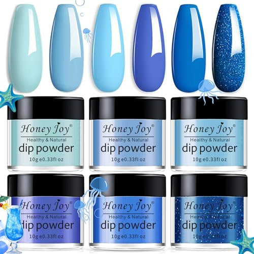 Honey Joy 6 BOX/SET Blue Series Dip Nails Powder Kit Light Blue Dark Blue Fine Dipping Powder Colors No Need Lamp Cure,Like Gel Polish Effect,Even & Smooth Finishing (DP-F-6pcs-10g/box)